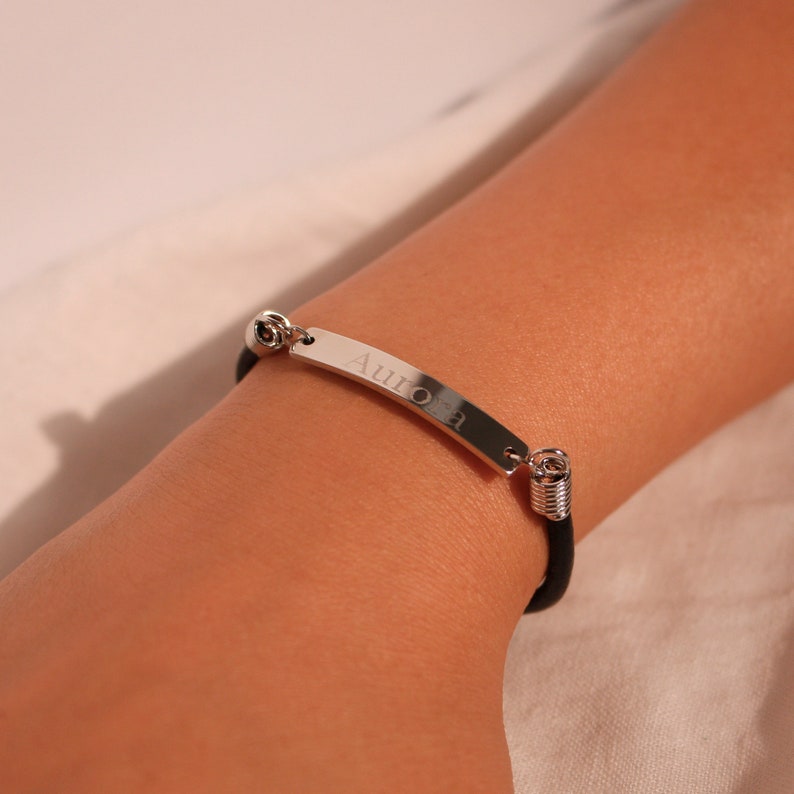Personalized Leather Name Bracelet: 16K Plated Bar, Friendship Jewelry