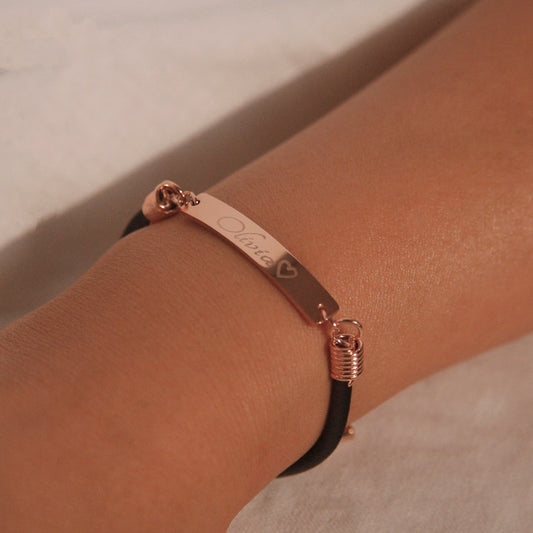 Personalized Leather Name Bracelet: 16K Plated Bar, Friendship Jewelry