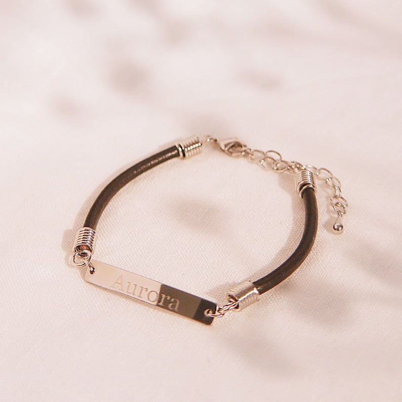 Personalized Leather Name Bracelet: 16K Plated Bar, Friendship Jewelry