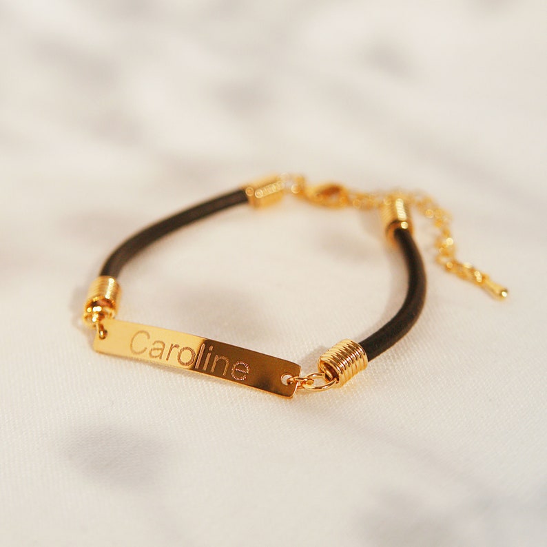 Personalized Leather Name Bracelet: 16K Plated Bar, Friendship Jewelry