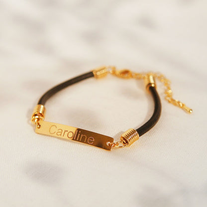 Personalized Leather Name Bracelet: 16K Plated Bar, Friendship Jewelry