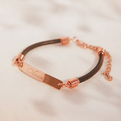 Personalized Leather Name Bracelet: 16K Plated Bar, Friendship Jewelry