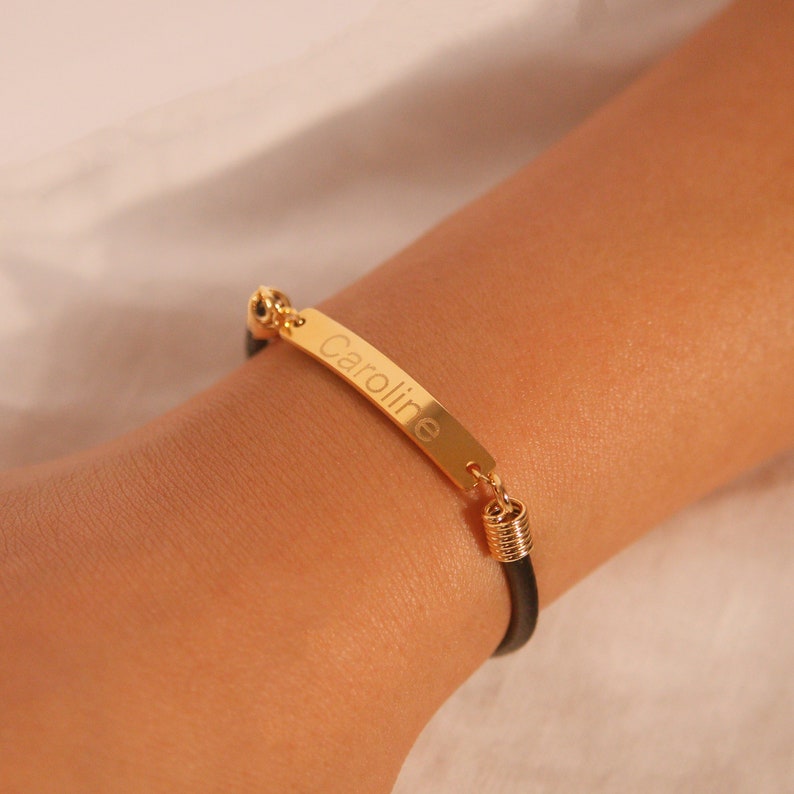 Personalized Leather Name Bracelet: 16K Plated Bar, Friendship Jewelry