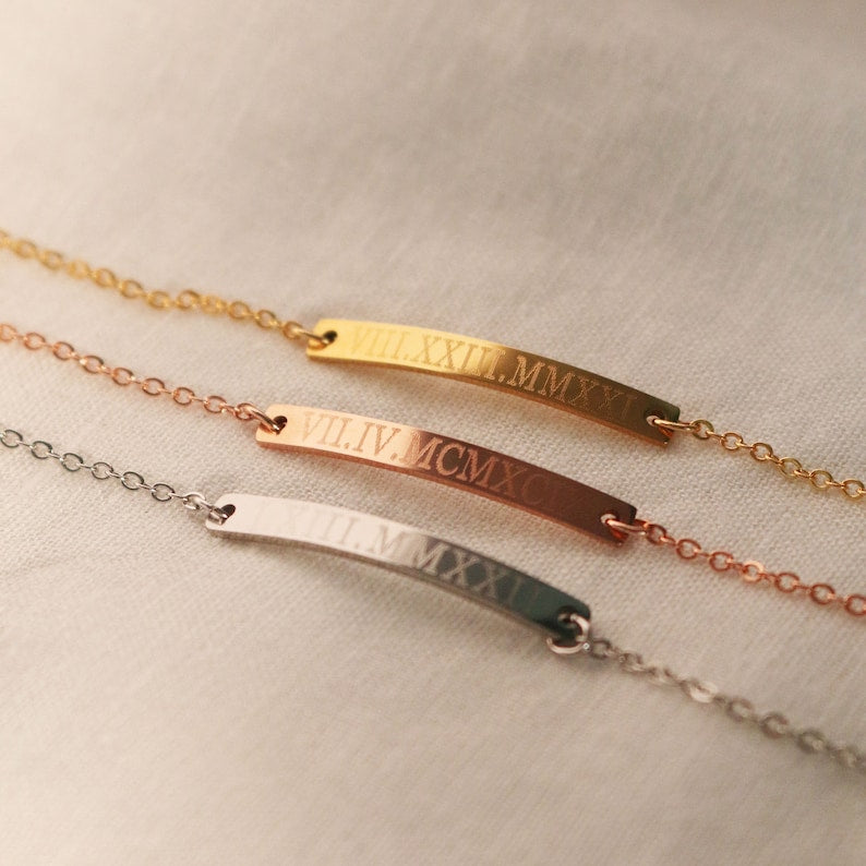 Personalized Roman Numeral Bracelet: 16K Gold Plated Engraved Bar