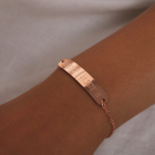Personalized Coordinate Bracelet: 16k Gold Plated Custom Message