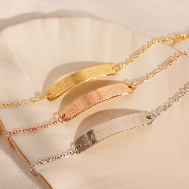 Personalized Coordinate Bracelet: 16k Gold Plated Custom Message