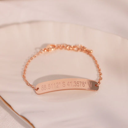 Personalized Coordinate Bracelet: 16k Gold Plated Custom Message