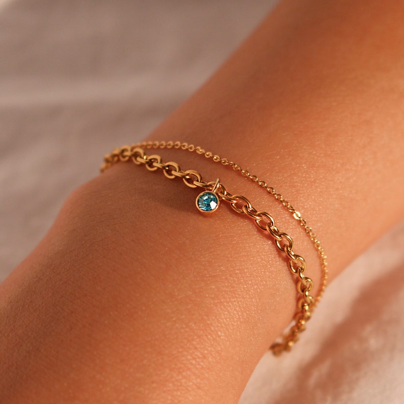 Birthstone Bracelet: Double Layered Bold Chain, Gold Plated