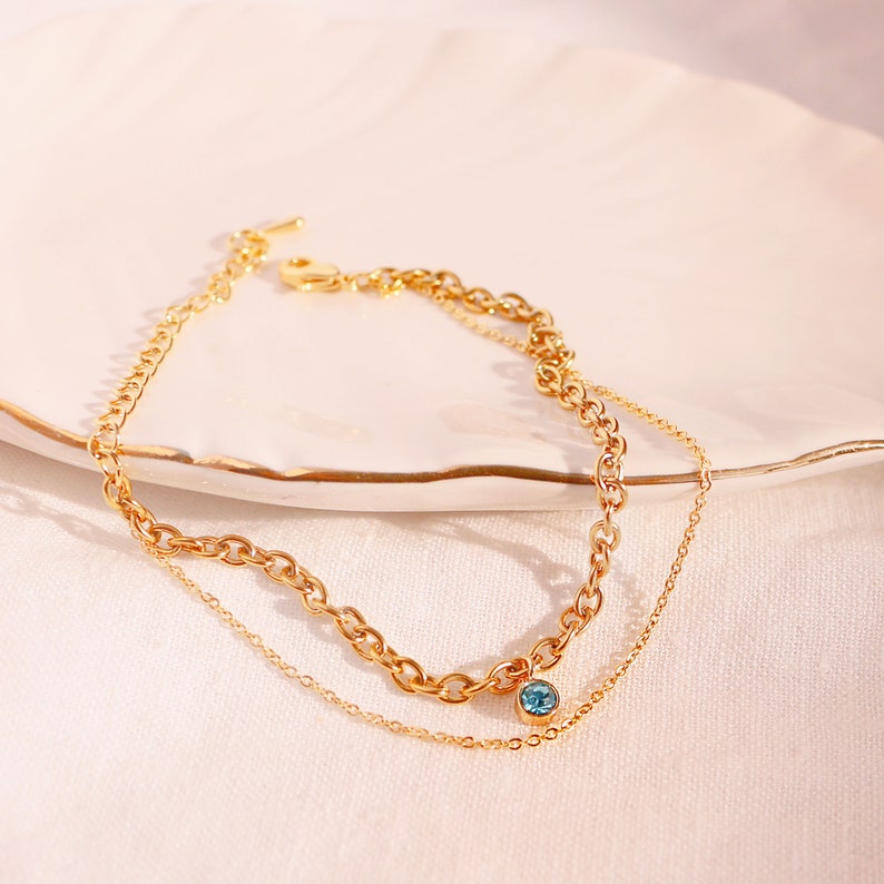 Birthstone Bracelet: Double Layered Bold Chain, Gold Plated