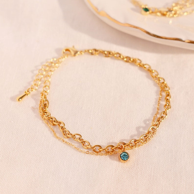 Birthstone Bracelet: Double Layered Bold Chain, Gold Plated