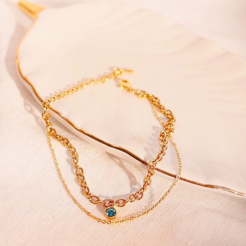 Birthstone Bracelet: Double Layered Bold Chain, Gold Plated