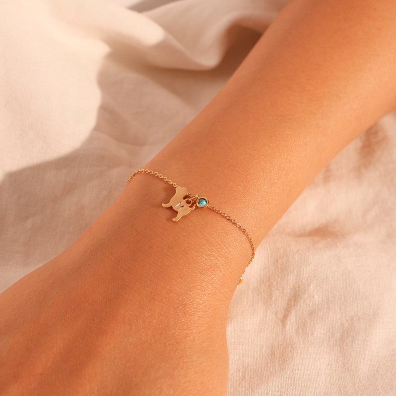 Gold Dog Birthstone Bracelet: Personalized Initial Charm