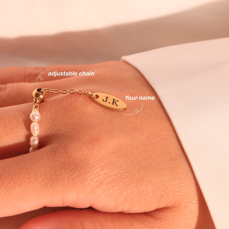 Freshwater Pearl Personalized Ring: 16K Gold Plated Adjustable Name Ring