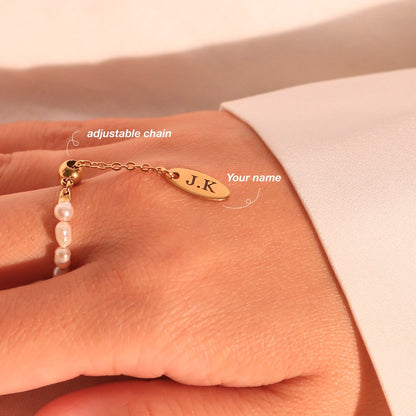 Freshwater Pearl Personalized Ring: 16K Gold Plated Adjustable Name Ring