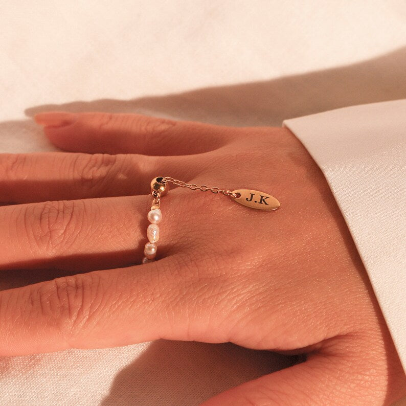 Freshwater Pearl Personalized Ring: 16K Gold Plated Adjustable Name Ring