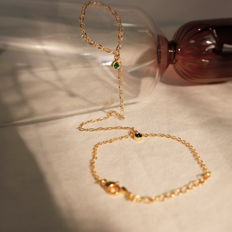 Birthstone Gold Hand Chain Bracelet for Her Link Ring Bracelet slave Bracelet Finger Chain Bracelet