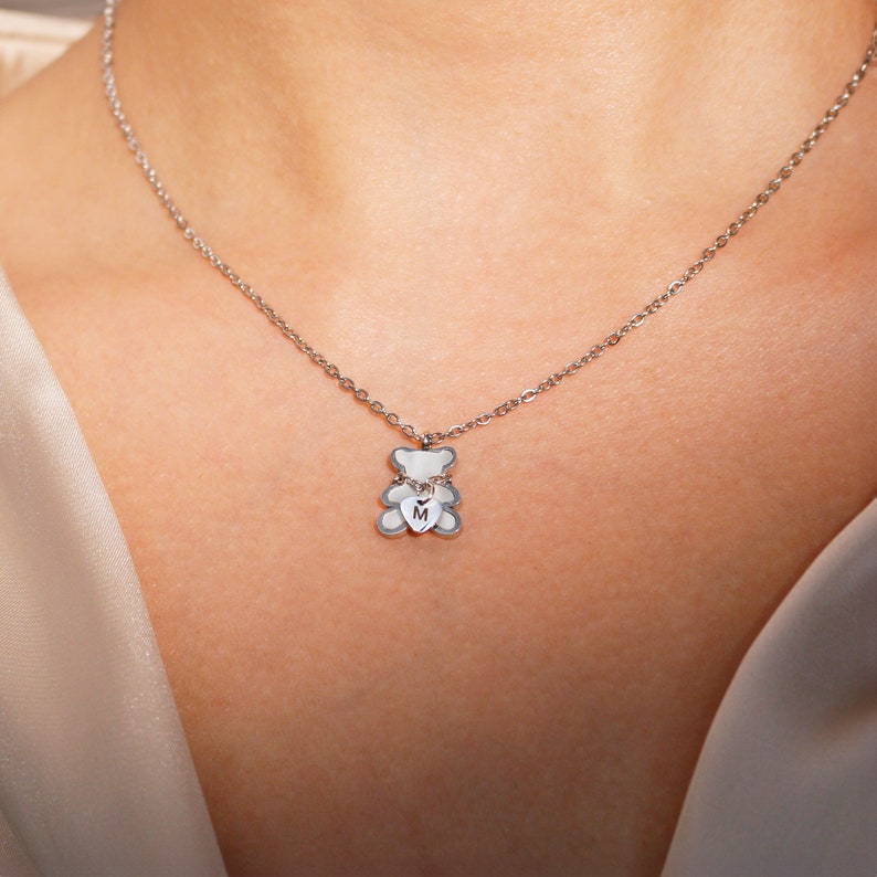 Bear Necklace: Mother of Pearl Heart, Personalized Initial