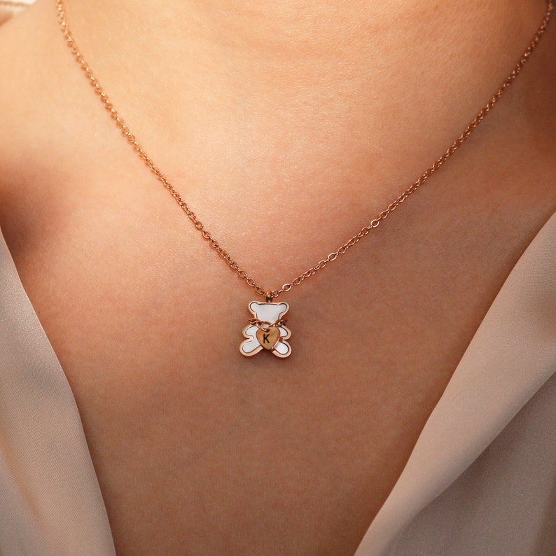 Bear Necklace: Mother of Pearl Heart, Personalized Initial