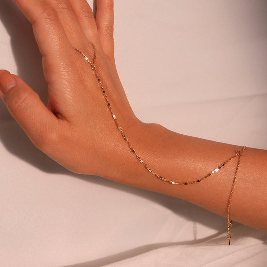 Gold Hand Chain Bracelet: 16K Plated Link Ring Bracelet