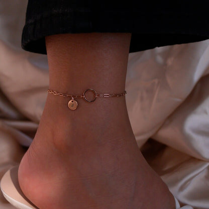 Personalized Initial Anklet: Delicate Circle & Coin Charm, 16K Plated