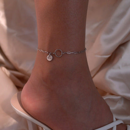 Personalized Initial Anklet: Delicate Circle & Coin Charm, 16K Plated