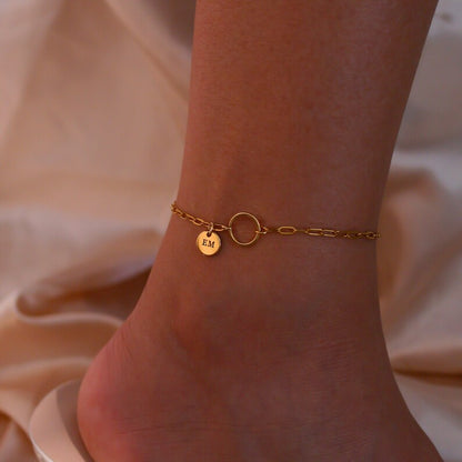 Personalized Initial Anklet: Delicate Circle & Coin Charm, 16K Plated