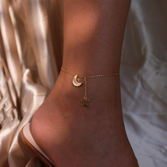 Moon & Star Anklet: 16K Gold Plated Friendship Jewelry