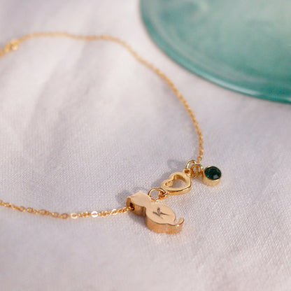 Kitty Initial Birthstone Anklet: Gold Cat Lover Gift