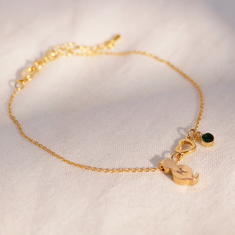Kitty Initial Birthstone Anklet: Gold Cat Lover Gift