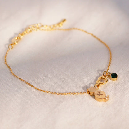 Kitty Initial Birthstone Anklet: Gold Cat Lover Gift