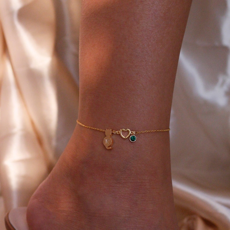 Kitty Initial Birthstone Anklet: Gold Cat Lover Gift