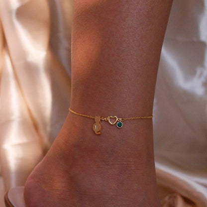Kitty Initial Birthstone Anklet: Gold Cat Lover Gift