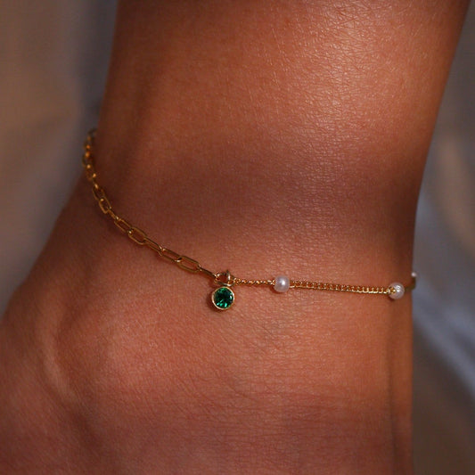 Pearl & Clip Chain Anklet: Gold Plated Brass, Birthstone Charm