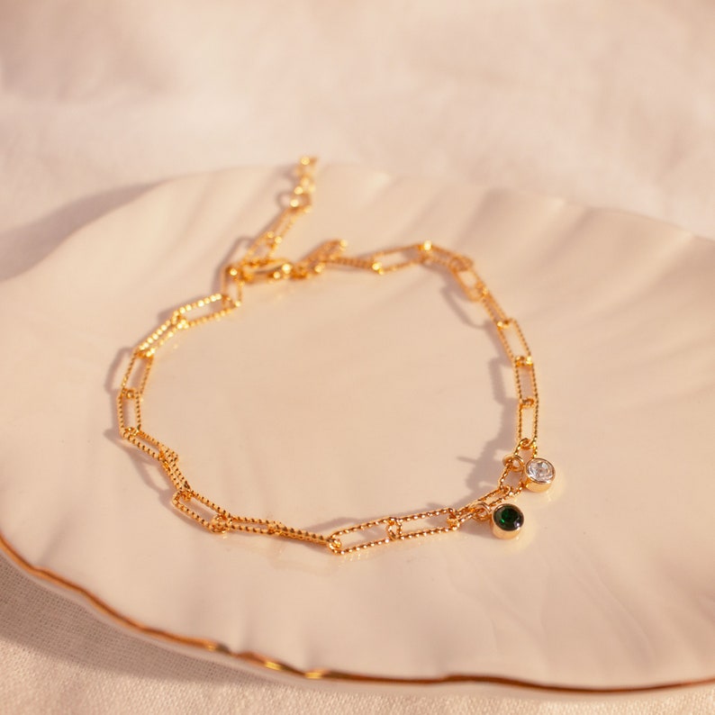 Birthstone Paper Clip Chain Anklet: Personalized Initial Charm