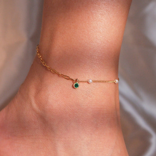 Pearl & Clip Chain Anklet: Gold Plated Brass, Birthstone Charm