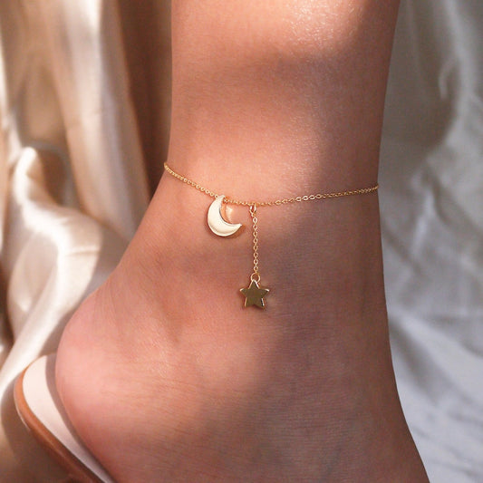 Moon & Star Anklet: 16K Gold Plated Friendship Jewelry