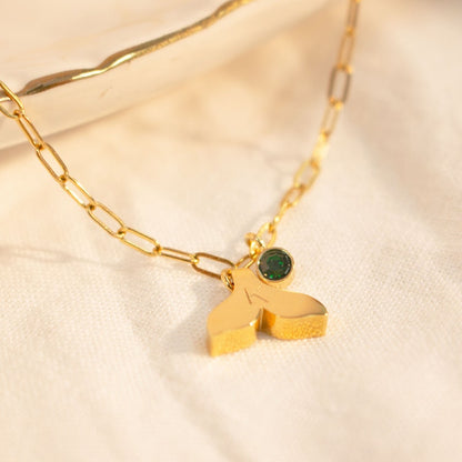 Whale Tail Anklet with Birthstone: 16k Gold Plated Brass
