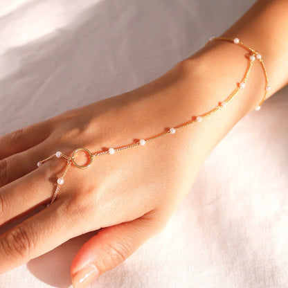 Pearl Hand Chain Bracelet: Gold Link Finger Bracelet