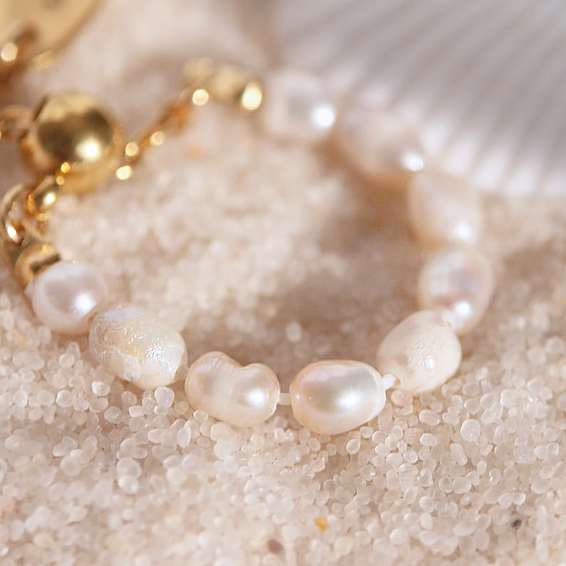 Freshwater Pearl Personalized Ring: 16K Gold Plated Adjustable Name Ring