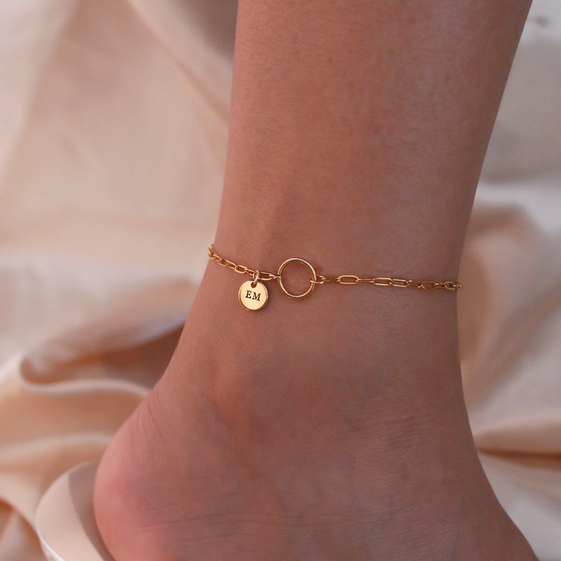 Personalized Initial Anklet: Delicate Circle & Coin Charm, 16K Plated