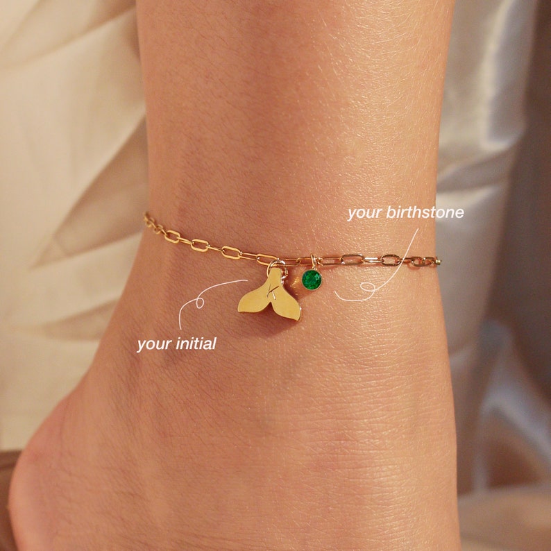 Whale Tail Anklet with Birthstone: 16k Gold Plated Brass