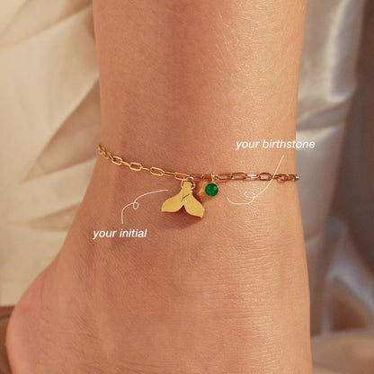 Whale Tail Anklet with Birthstone: 16k Gold Plated Brass