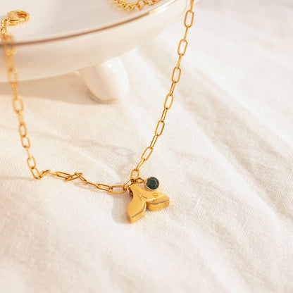 Whale Tail Anklet with Birthstone: 16k Gold Plated Brass