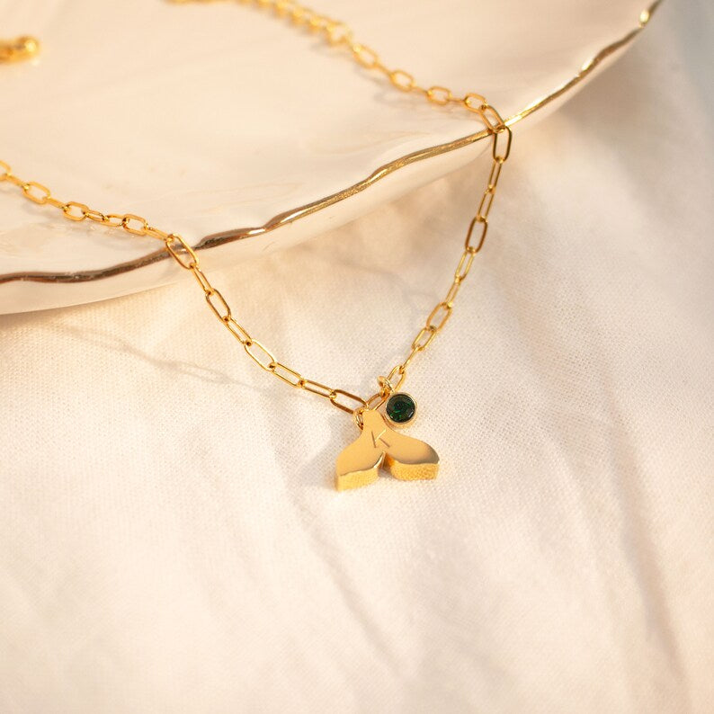 Whale Tail Anklet with Birthstone: 16k Gold Plated Brass