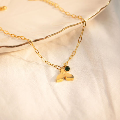 Whale Tail Anklet with Birthstone: 16k Gold Plated Brass