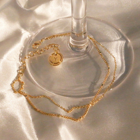Gold Double Chain Anklet: Personalized Initial Coin Charm