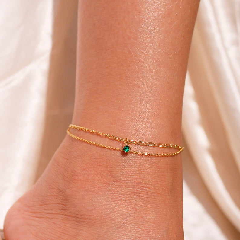 Gold Birthstone Anklet: Layered Chain Trendy Anklet