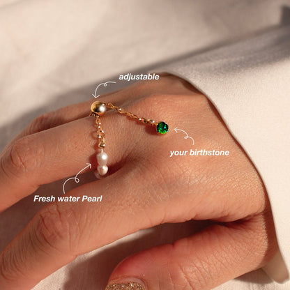 Emerald Pearl Birthstone Ring: Gold Chain Adjustable Ring