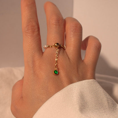 Emerald Pearl Birthstone Ring: Gold Chain Adjustable Ring