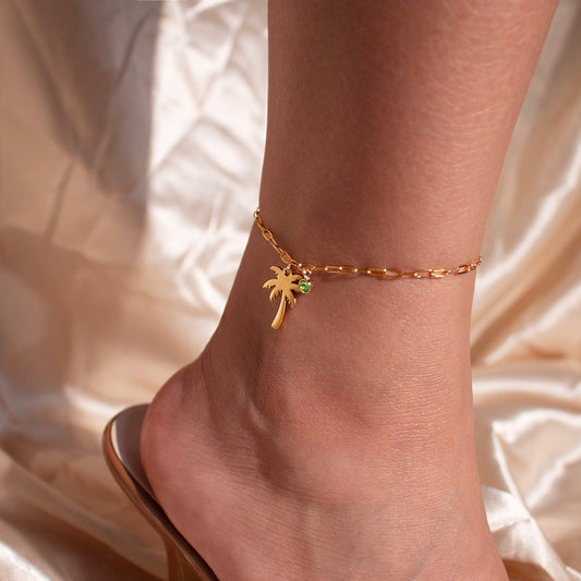 Palm Tree Birthstone Anklet: 16k Gold Plated Layered Chain